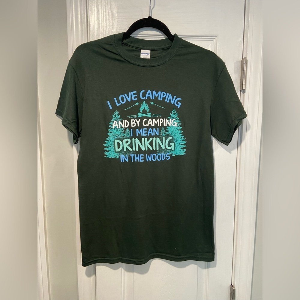 NWOT Green Size L Graphic Print Tee Shirt Love Camping Drinking Woods Funny